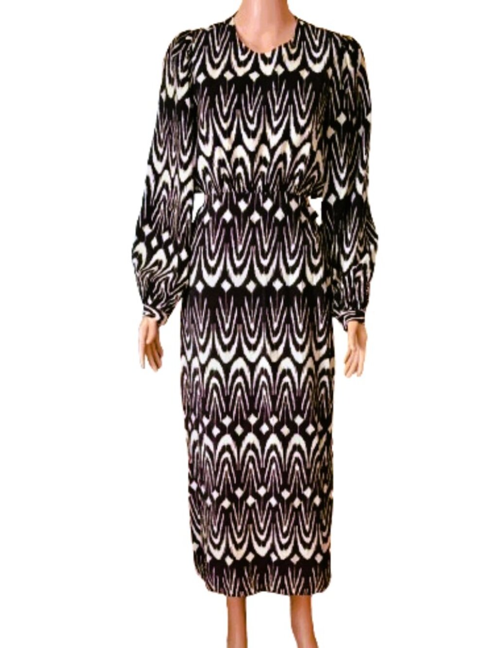 Zara Midriff Cut Out Long Sleeve Midi Dress Black White Geometric Back Slit